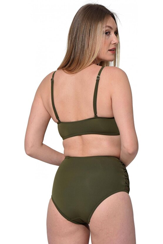 Tüllü Bağcıklı Yüksek Bel Bikini 5021 Haki