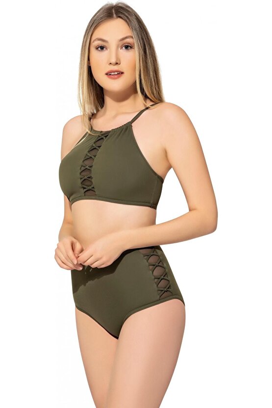 Tüllü Bağcıklı Yüksek Bel Bikini 5021 Haki