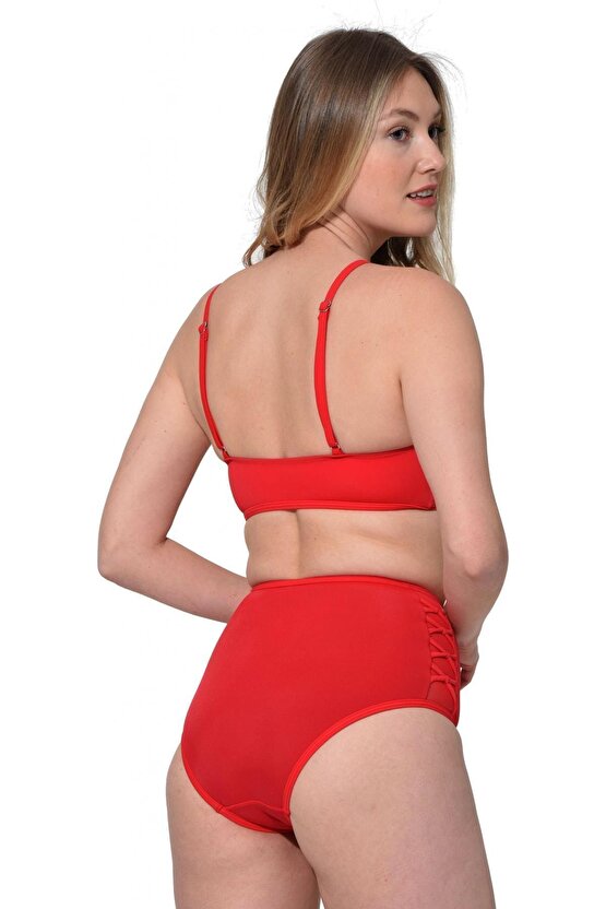 Tüllü Bağcıklı Yüksek Bel Bikini 5021 Kırmızı