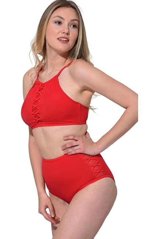Tüllü Bağcıklı Yüksek Bel Bikini 5021 Kırmızı