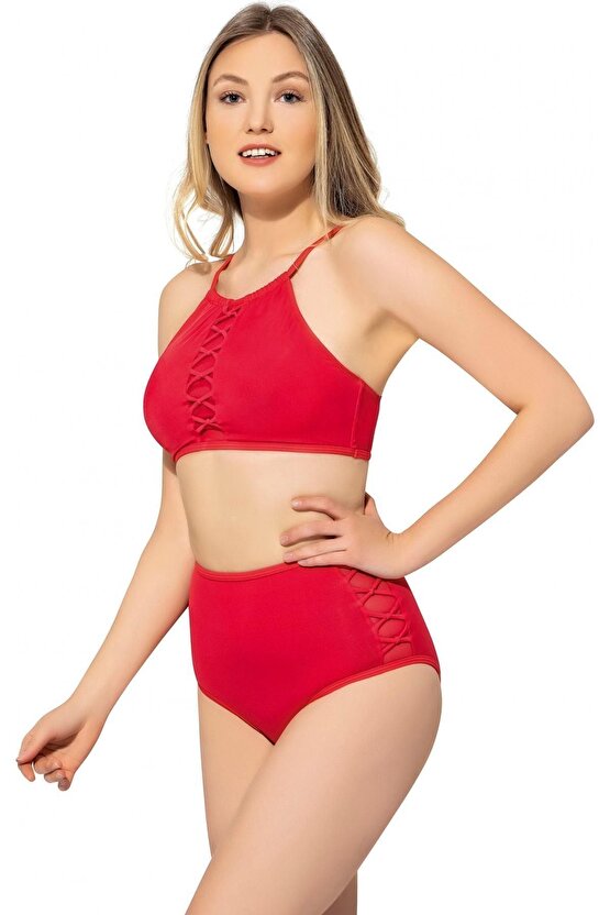 Tüllü Bağcıklı Yüksek Bel Bikini 5021 Kırmızı