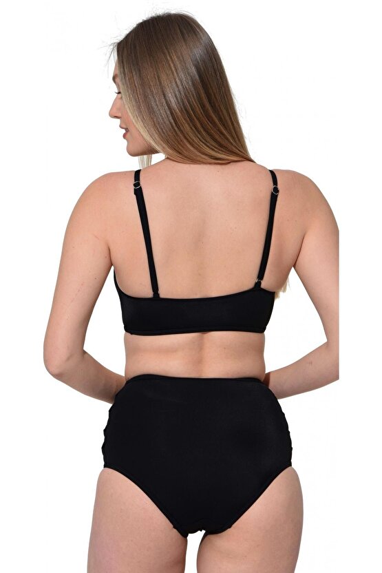 Tüllü Bağcıklı Yüksek Bel Bikini 5021 Siyah