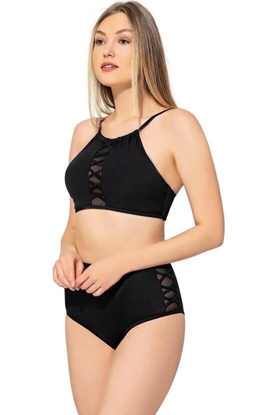 Tüllü Bağcıklı Yüksek Bel Bikini 5021 Siyah