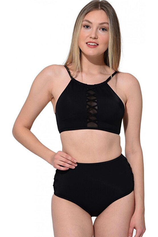 Tüllü Bağcıklı Yüksek Bel Bikini 5021 Siyah