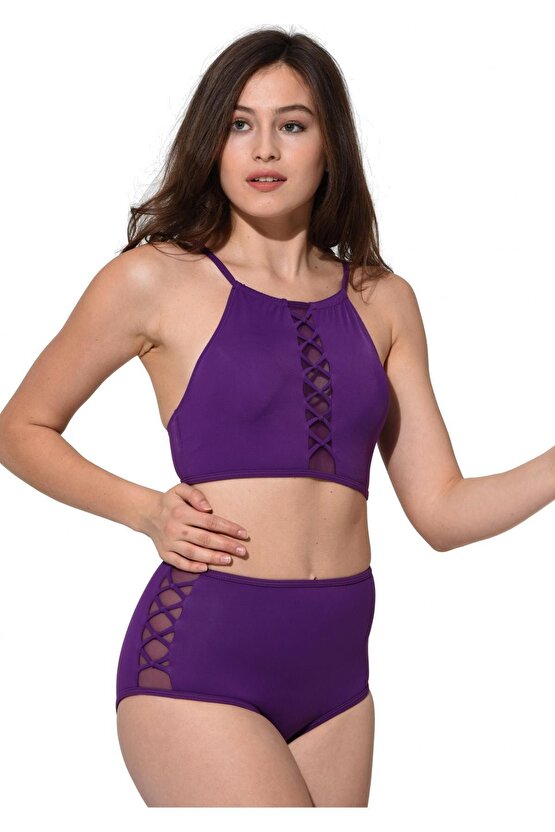 Tüllü Bağcıklı Yüksek Bel Bikini 5021 Mor