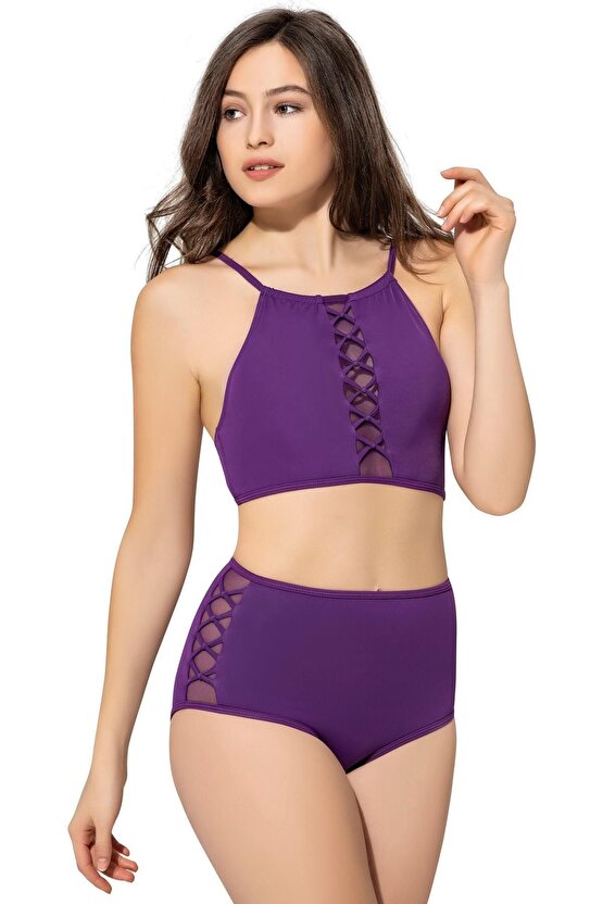 Tüllü Bağcıklı Yüksek Bel Bikini 5021 Mor
