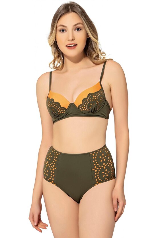 Kadın Çizgili Sütyen Kaplı Modelli Bikini 5023 Haki