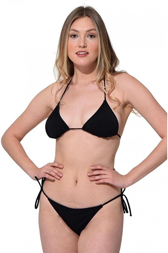 Düz Ipli Bağlı Üçgen Bikini 5026 Siyah