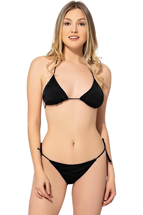 Düz Ipli Bağlı Üçgen Bikini 5026 Siyah
