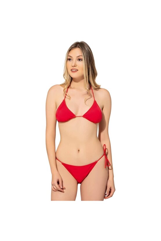 Düz Ipli Bağlı Üçgen Bikini 5026 Kırmızı