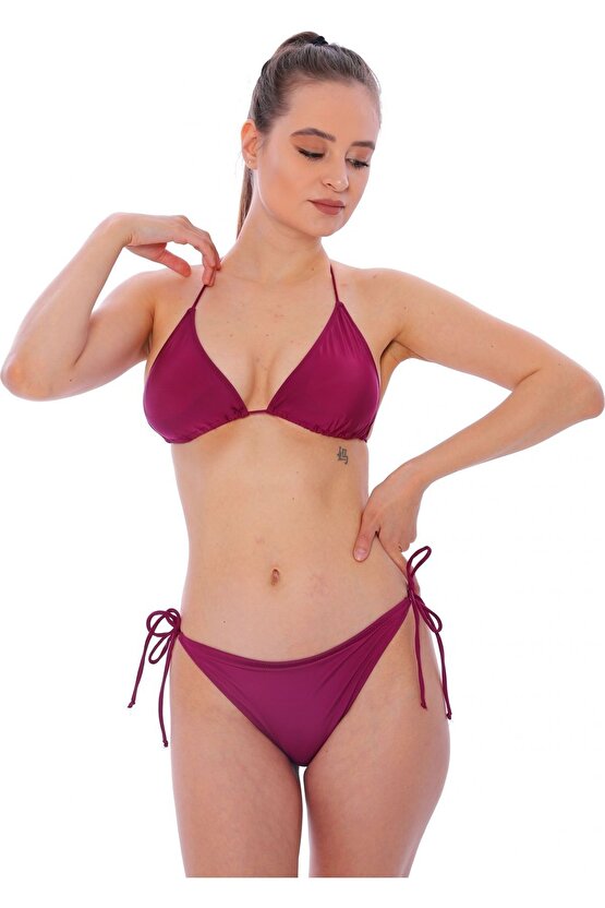 Düz Ipli Bağlı Üçgen Bikini 5026 Fuşya