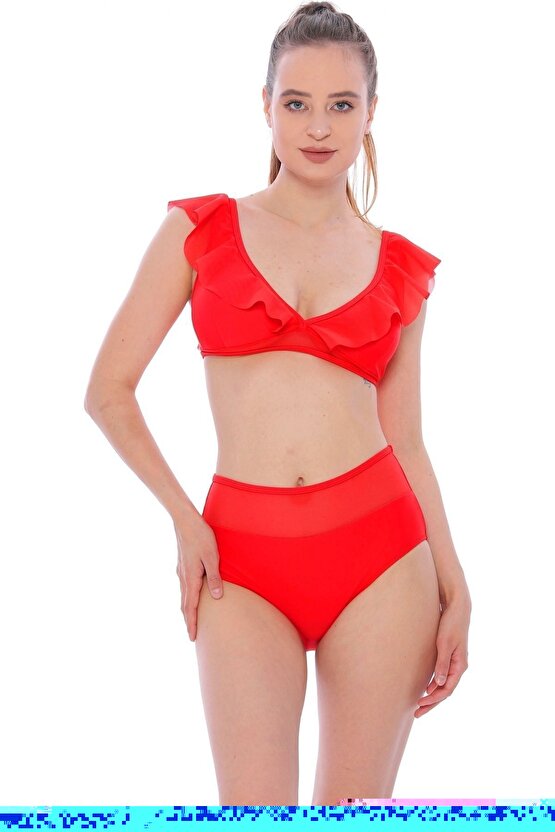 Düz Fırfırlı Yüksek Bel Yeni Bikini 5029 Kırmızı