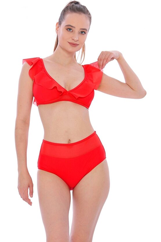Düz Fırfırlı Yüksek Bel Yeni Bikini 5029 Kırmızı