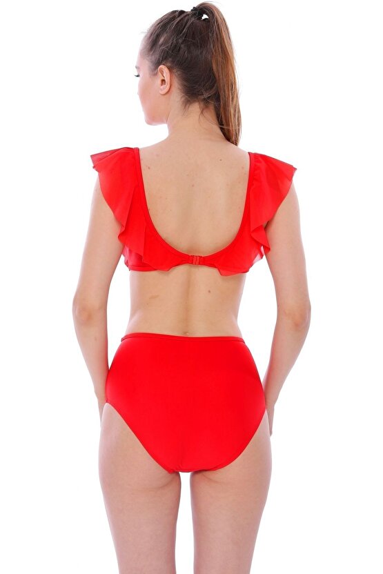 Düz Fırfırlı Yüksek Bel Yeni Bikini 5029 Kırmızı