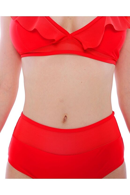 Düz Fırfırlı Yüksek Bel Yeni Bikini 5029 Kırmızı