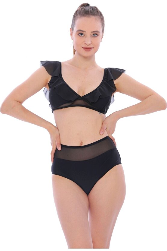 Düz Fırfırlı Yüksek Bel Yeni Bikini 5029 Siyah