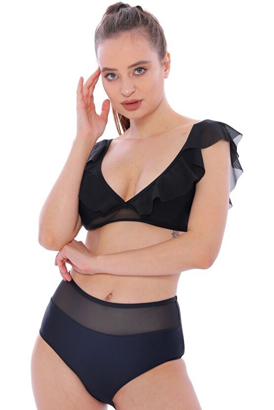 Düz Fırfırlı Yüksek Bel Yeni Bikini 5029 Siyah