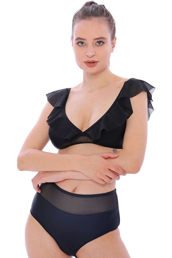 Düz Fırfırlı Yüksek Bel Yeni Bikini 5029 Siyah