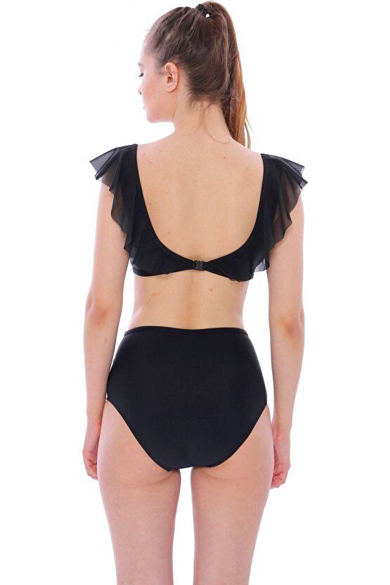 Düz Fırfırlı Yüksek Bel Yeni Bikini 5029 Siyah