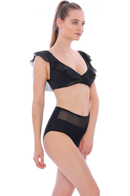 Düz Fırfırlı Yüksek Bel Yeni Bikini 5029 Siyah