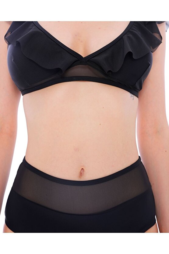 Düz Fırfırlı Yüksek Bel Yeni Bikini 5029 Siyah