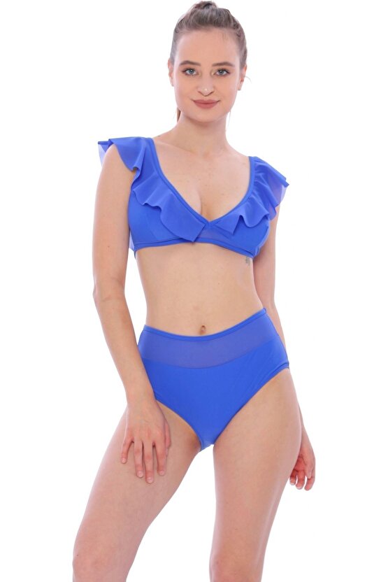 Düz Fırfırlı Yüksek Bel Yeni Bikini 5029 Saks