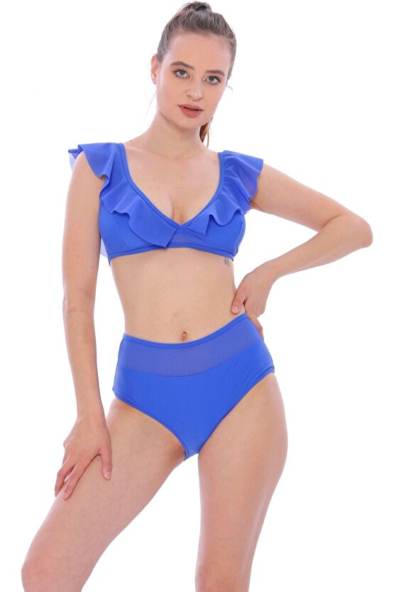 Düz Fırfırlı Yüksek Bel Yeni Bikini 5029 Saks