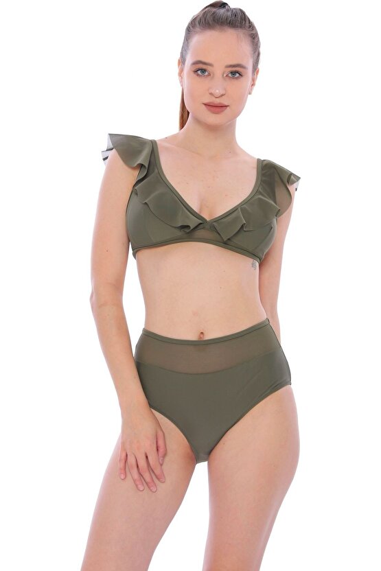 Düz Fırfırlı Yüksek Bel Yeni Bikini 5029 Haki