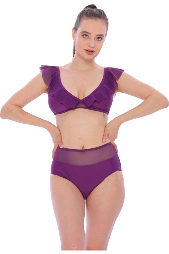 Düz Fırfırlı Yüksek Bel Yeni Bikini 5029 Mor