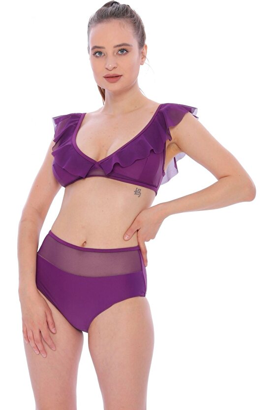 Düz Fırfırlı Yüksek Bel Yeni Bikini 5029 Mor