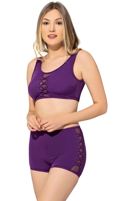 Tüllü Detaylı Şortlu Bikini 5034 Mor