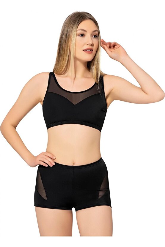 Kadın Tüllü Transparan Şortlu Bikini 5035 Siyah