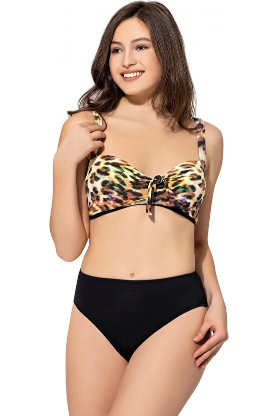 Desenli Fiyonklu Renkli Büyük Beden Bikini 5039 Desenli Sarı