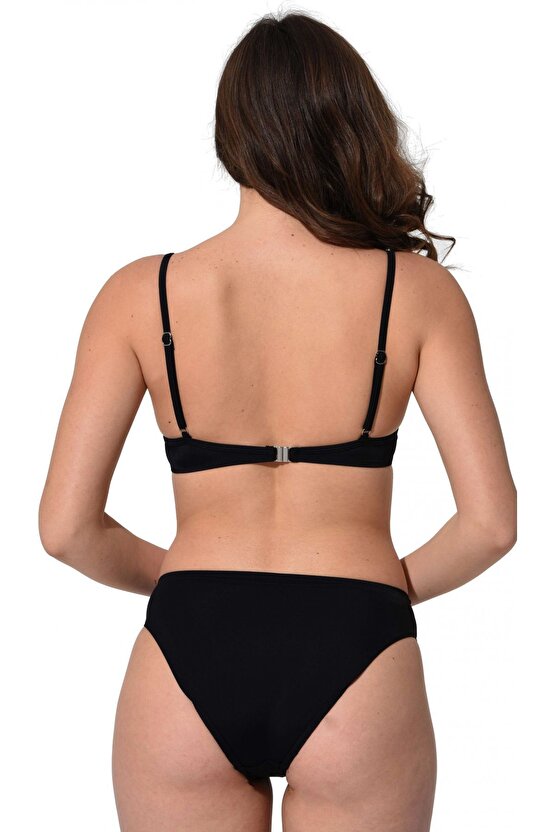 İnce Askılı Balenli Fiyonklu Sert Kaplı Bikini 5040 Siyah Büyük Beden