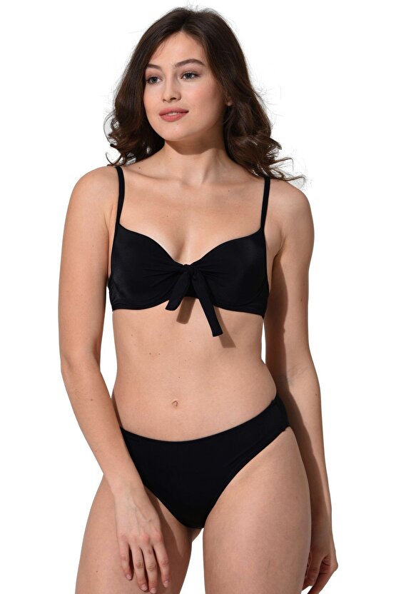 İnce Askılı Balenli Fiyonklu Sert Kaplı Bikini 5040 Siyah Büyük Beden