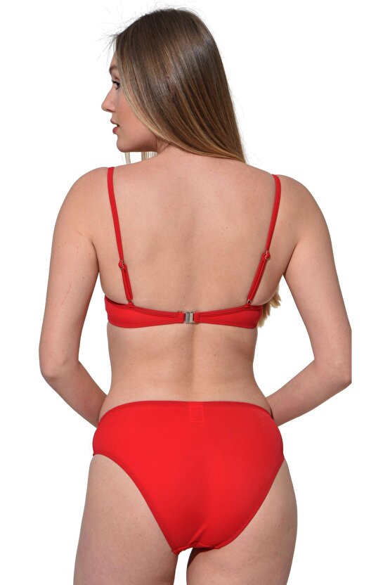 İnce Askılı Balenli Fiyonklu Sert Kaplı Bikini 5040 Kırmızı Büyük Beden