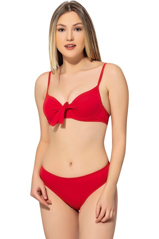 İnce Askılı Balenli Fiyonklu Sert Kaplı Bikini 5040 Kırmızı Büyük Beden