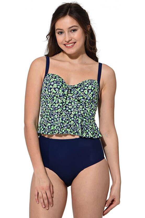 Yüksek Bel Desenli Ince Askılı Fırfırlı Tankini 5055 Desenli Yeşil
