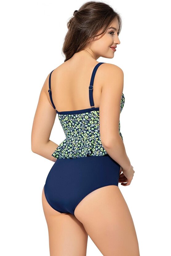 Yüksek Bel Desenli Ince Askılı Fırfırlı Tankini 5055 Desenli Yeşil