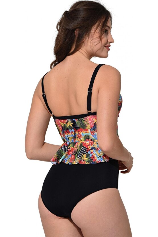 Yüksek Bel Desenli Ince Askılı Fırfırlı Tankini 5055 Desenli Siyah