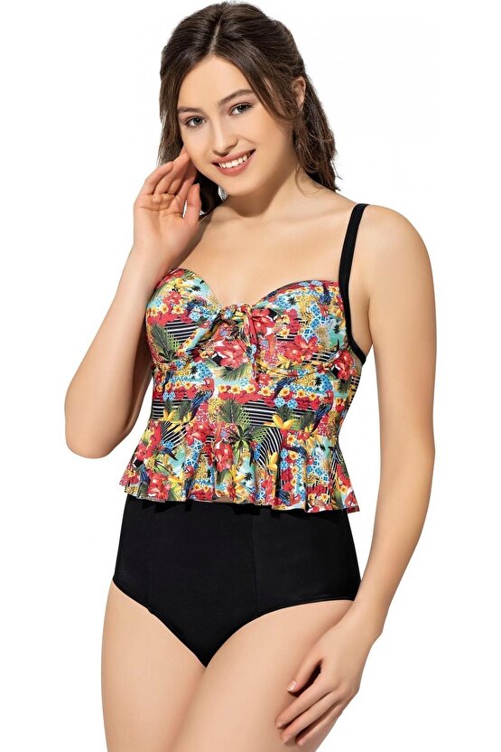 Yüksek Bel Desenli Ince Askılı Fırfırlı Tankini 5055 Desenli Siyah