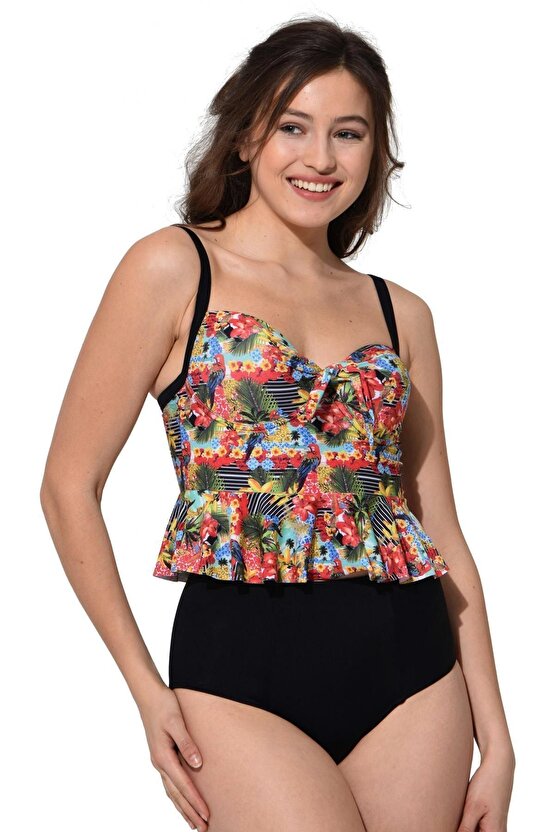 Yüksek Bel Desenli Ince Askılı Fırfırlı Tankini 5055 Desenli Siyah