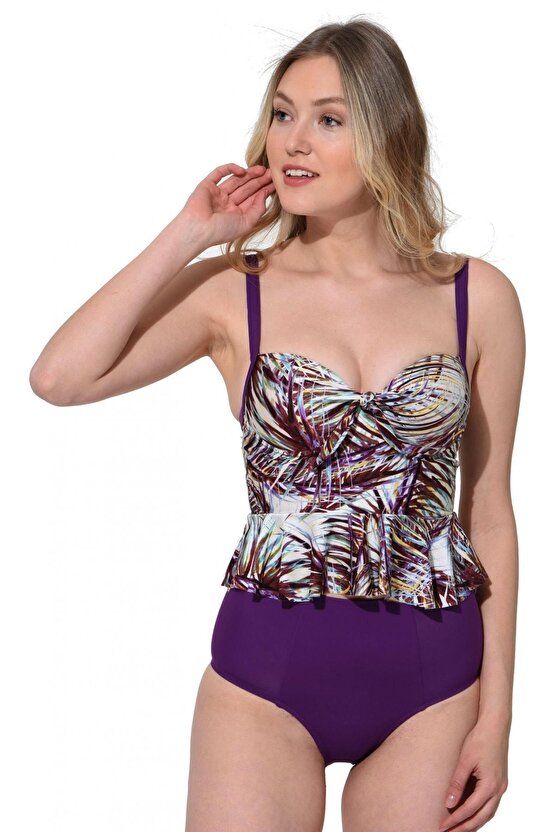 Yüksek Bel Desenli Ince Askılı Fırfırlı Tankini 5055 Desenli Mor