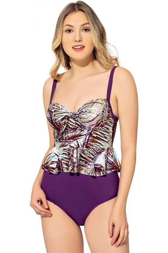 Yüksek Bel Desenli Ince Askılı Fırfırlı Tankini 5055 Desenli Mor