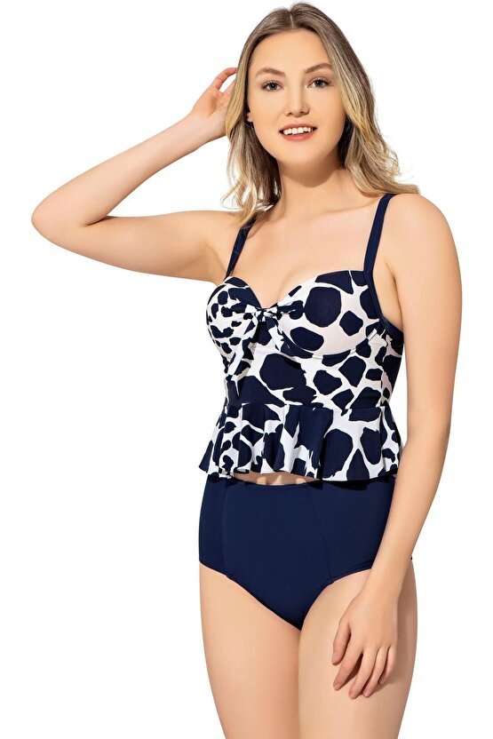 Yüksek Bel Desenli Ince Askılı Fırfırlı Tankini 5055 Desenli Beyaz