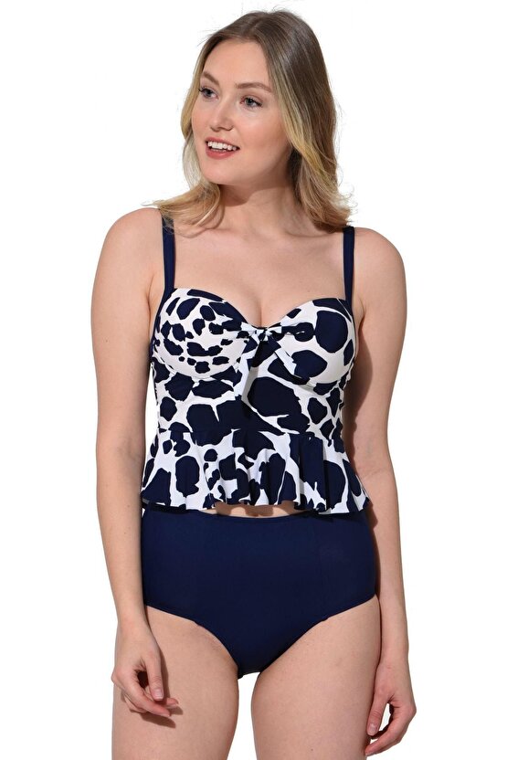 Yüksek Bel Desenli Ince Askılı Fırfırlı Tankini 5055 Desenli Beyaz