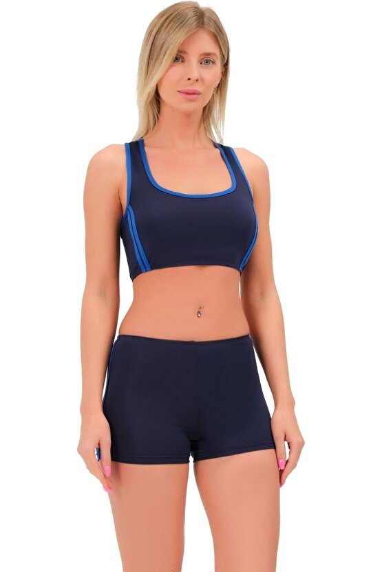 Şeritli Şortlu Yüzücü Bikini 5509 Lacivert