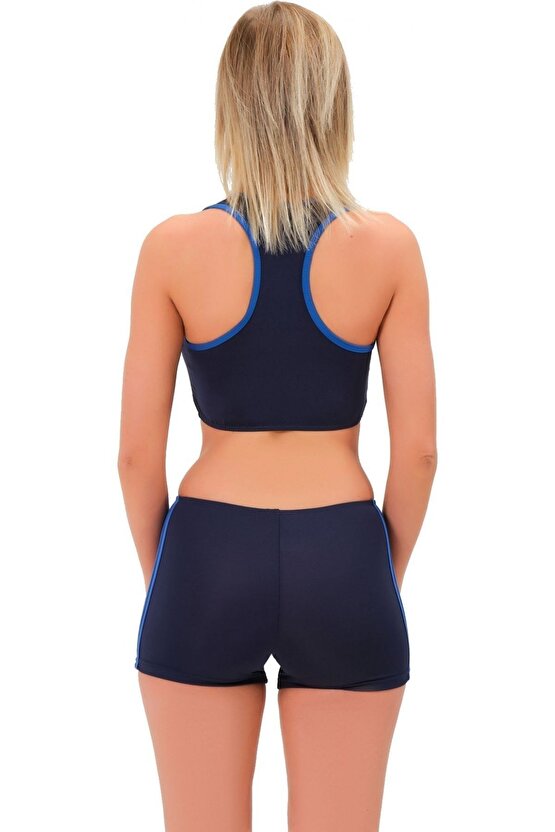 Şeritli Şortlu Yüzücü Bikini 5509 Lacivert