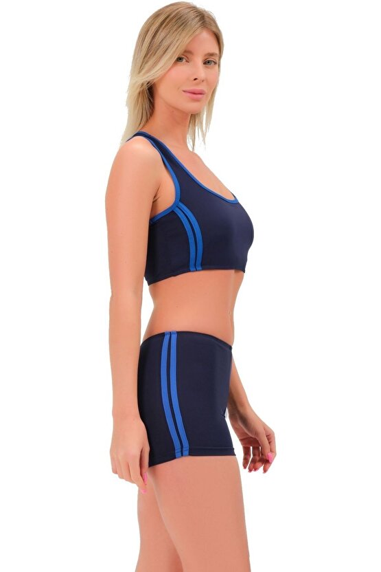 Şeritli Şortlu Yüzücü Bikini 5509 Lacivert