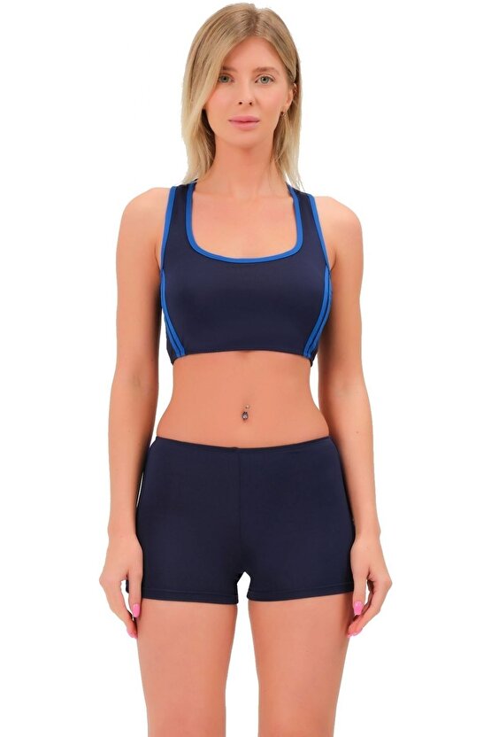 Şeritli Şortlu Yüzücü Bikini 5509 Lacivert